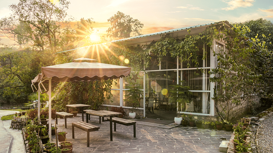 An open dining setting at Bread and Brook at the Sylvan Retreat, Dehradun.