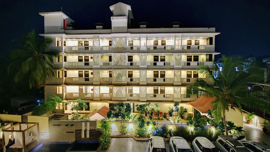 A night shot of facade of Resort De Crossroads, Goa
