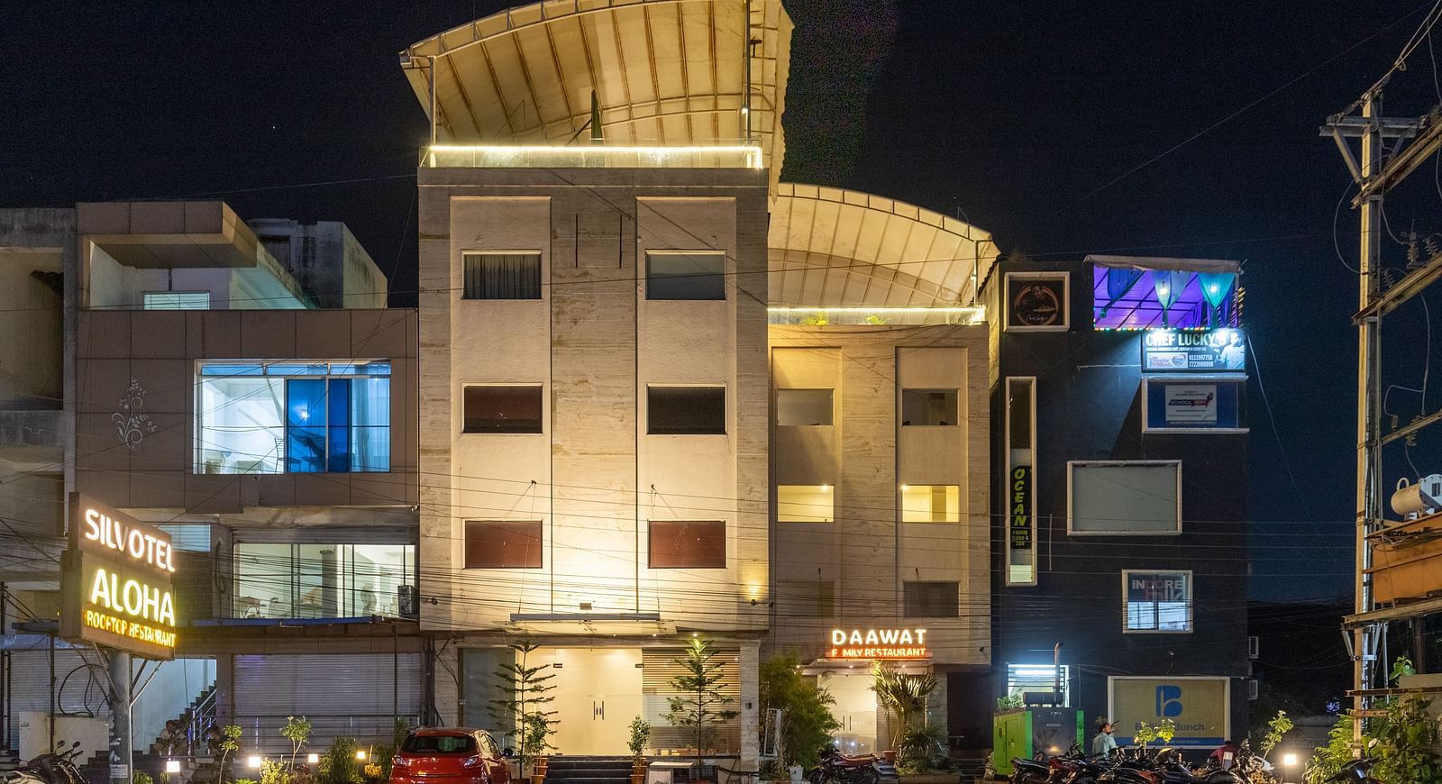 Facade of a hotel at night