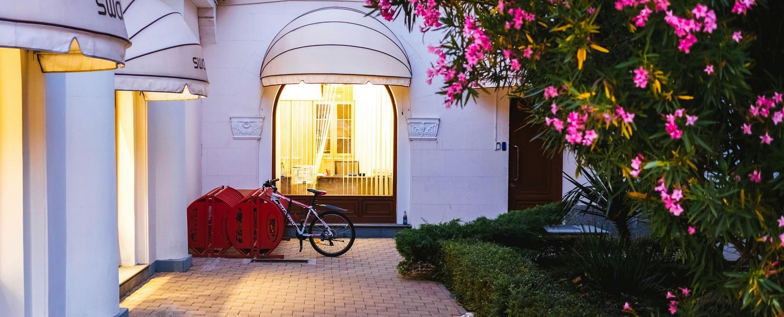 The entrance of a building featuring a pathway along with a tree with pink flowers besides it.