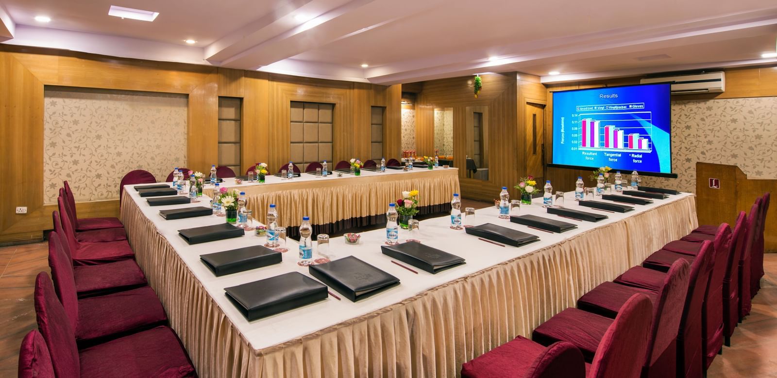 Conference hall at Lords Eco Inn Dahej equipped with modern seating and presentation facilities.