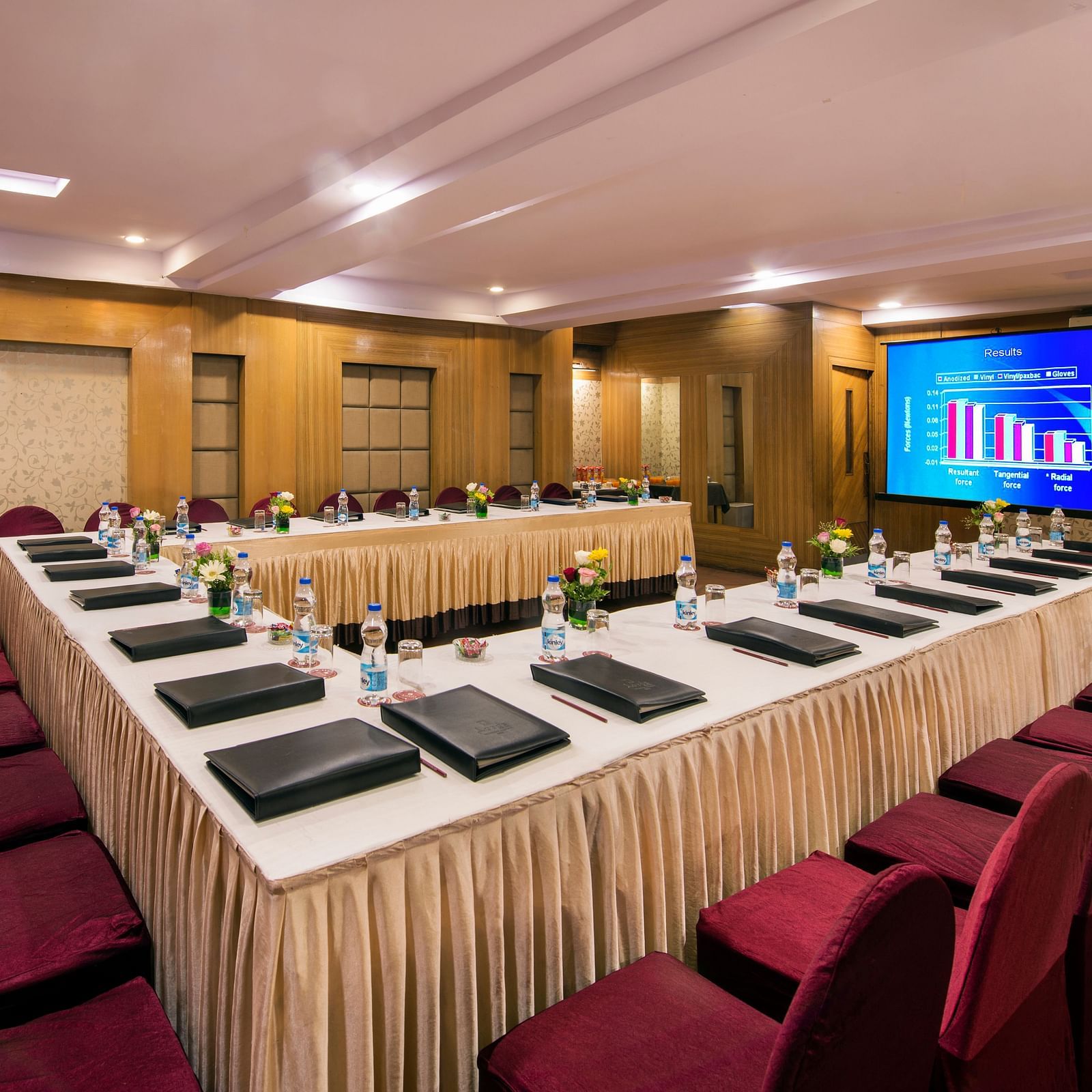A hotel conference room with long tables, chairs, and a screen displaying Arabic text - Lords Eco Inn Dahej