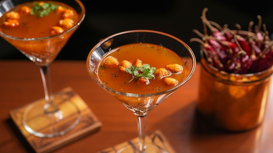 A glass of Pepper Rasam Martini at Hotel Aadithya, Chennai