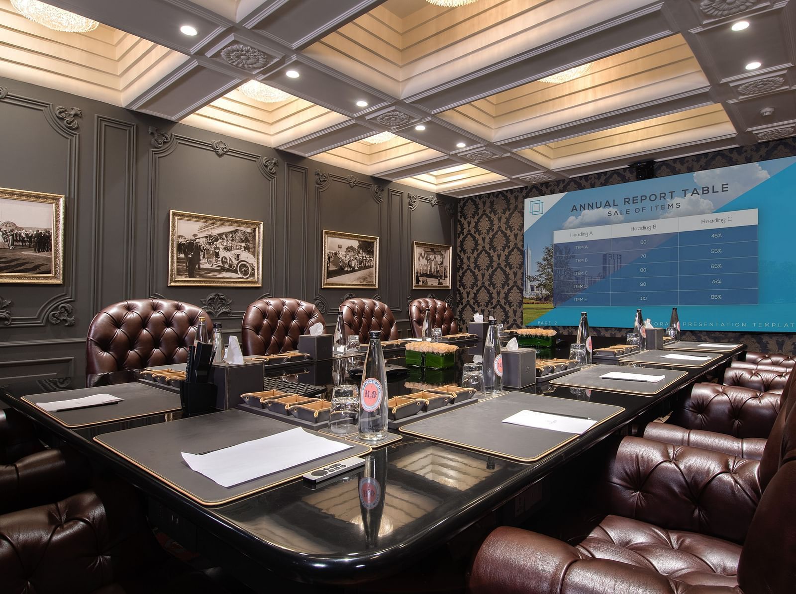 a wide screen television wall mounted at the far end of the king george V board room - The Claridges New Delhi