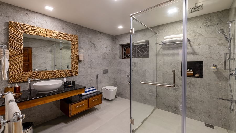 Modern bathroom with a large mirror, sink, and glass-enclosed shower - BluSalzz Collection - Tranquil Resort, Wayanad