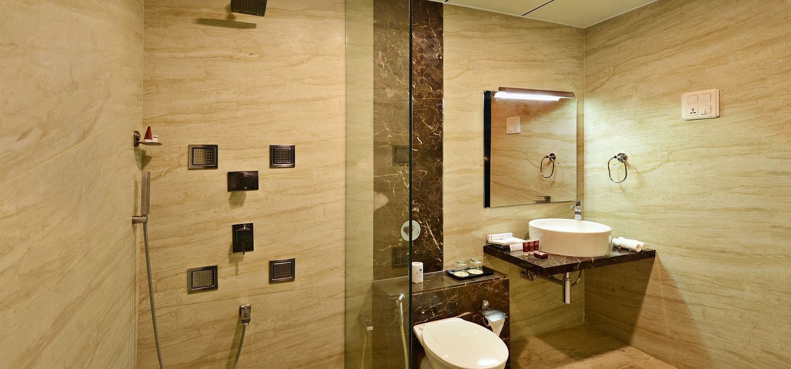A modern hotel bathroom at Lords Inn Porbandar, features a shower area with multiple jets, a toilet, and a washbasin.