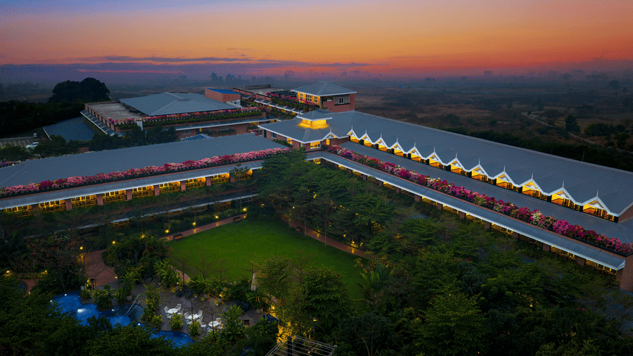 Aerial twilight shot of Mayfair Oasis Resort & Convention, Jharsuguda