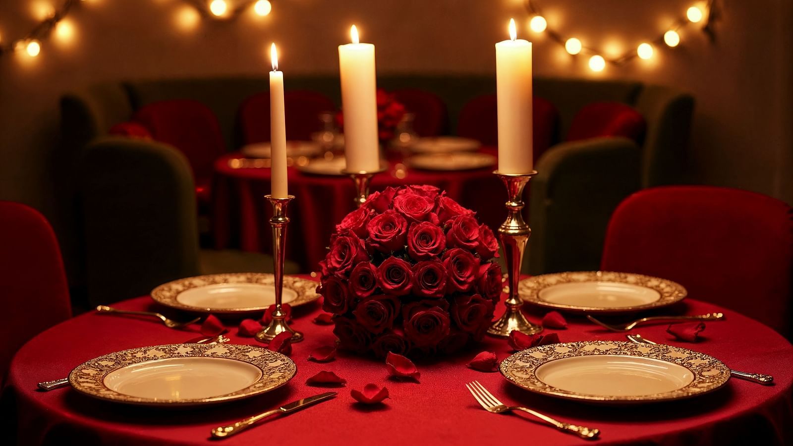 a round dining table adorned with candles, white ceramics, and a rose bouquet 