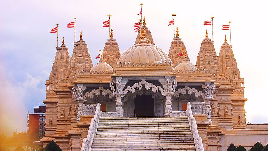 exterior view of a temple with a staircase in front
