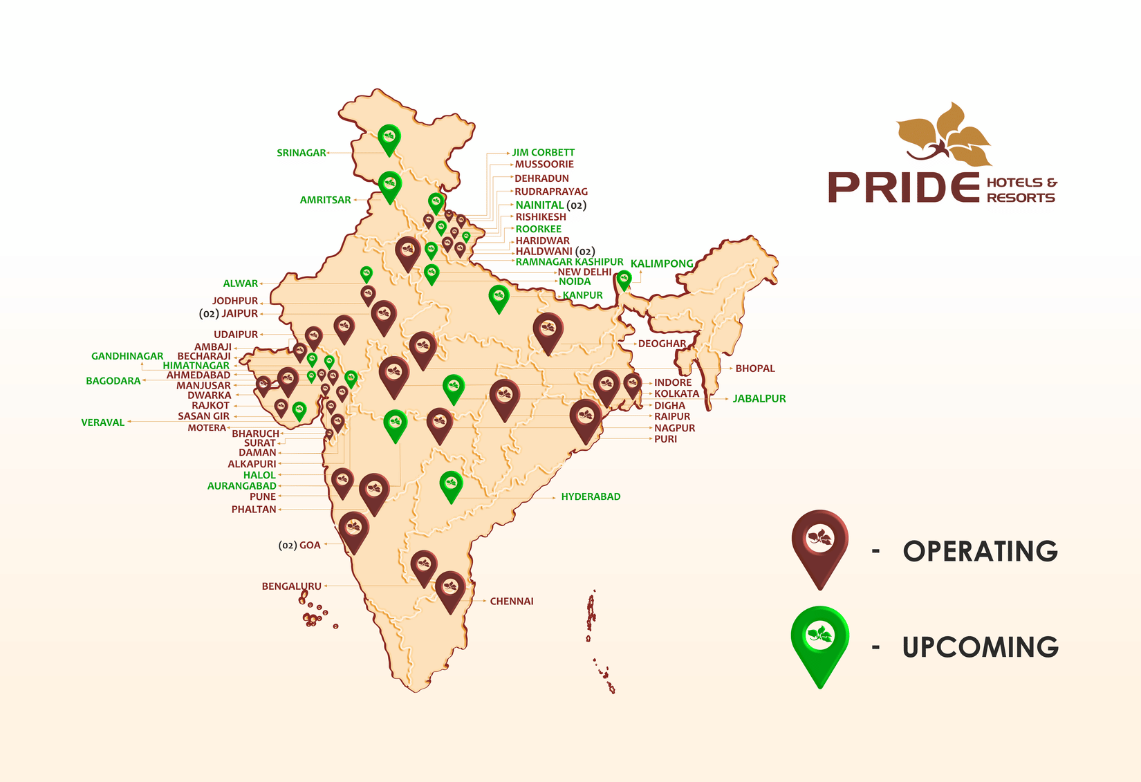 Outline of Indian Map which showcases in which regions and states Pride Hotels and Resorts are operating and coming soon. There are two locator symbols pinned in regions indicating upcoming and operating properties.