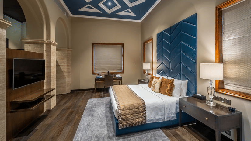 A side view of the bedroom in the Presidential Suite at Kenilworth Hotel, Kolkata.