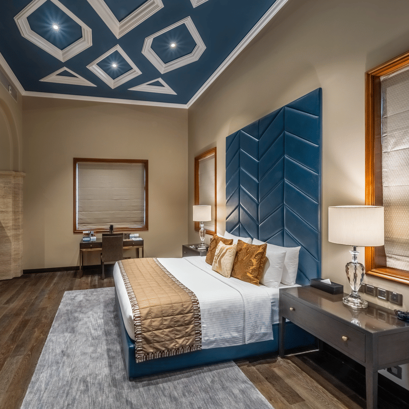 A side view of the bedroom in the Presidential Suite at Kenilworth Hotel, Kolkata.
