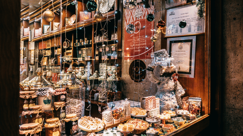 An overview of a shop with handmade and decorated items in it.