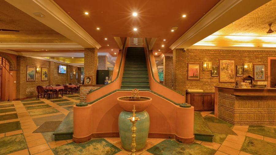 Front view of Lobby with stairs and  reception