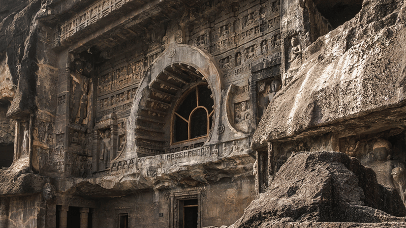 One of the caves in Lonavala featuring intricate carvings on the walls