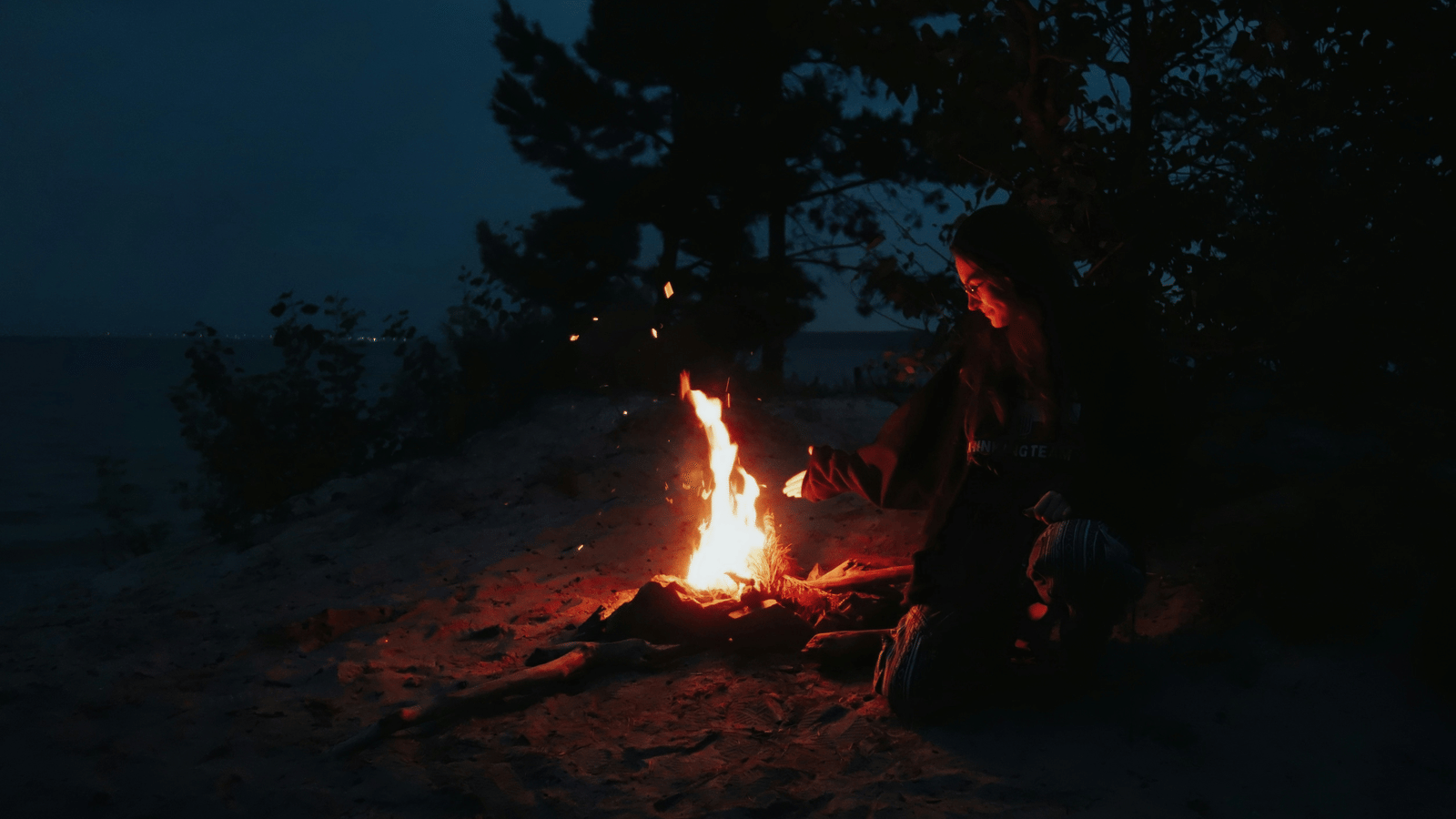 A solitary person sitting next to a bonfire during the night with a tree's silhouette in view.