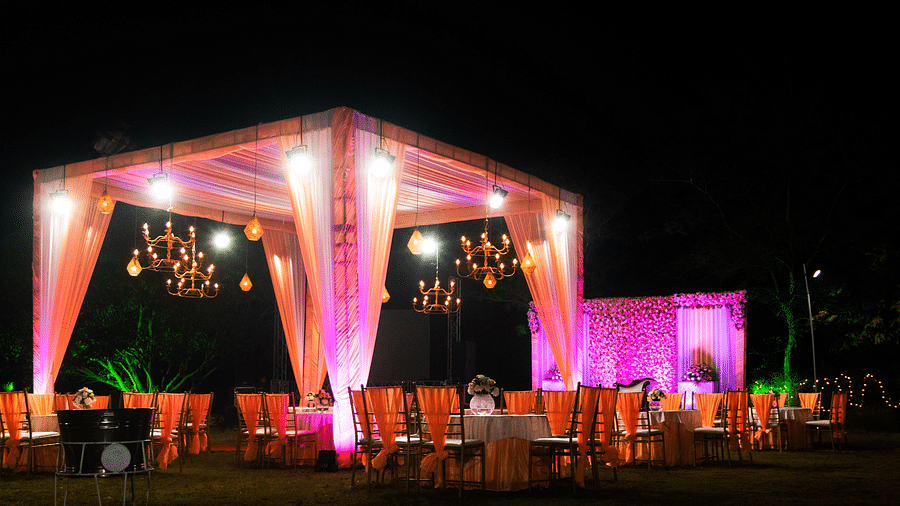 A lavish wedding setup at night at The Sylvan Retreat, Dehradun.