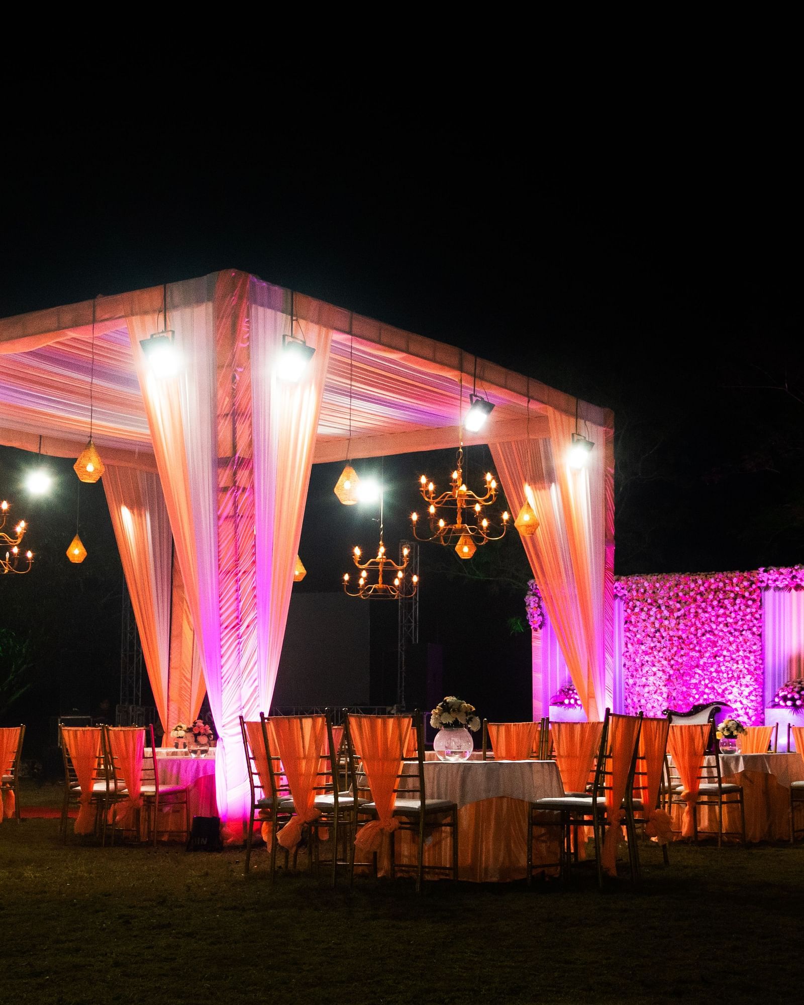 A lavish wedding setup at night at The Sylvan Retreat, Dehradun.