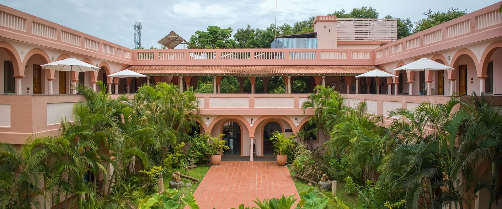 Resort property surrounded by greenery and various kinds of plants.