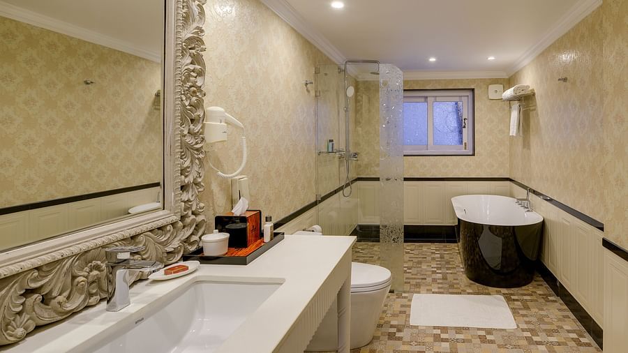 a bathroom with the washbasin placed on the left side and a mini bathtub on the right side - Mayfair Himalayan Spa Resort Kalimpong