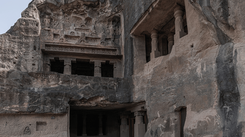 Facade of a cave with intricate details that could be found at Bhaja Caves, Lonavala
