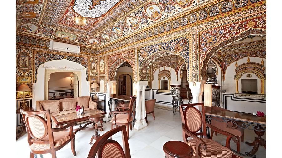 Sileh Khanna Coffee Shop n Bar with chairs and sofa during daytime  - Hotel Castle Mandawa, Jhunjunu