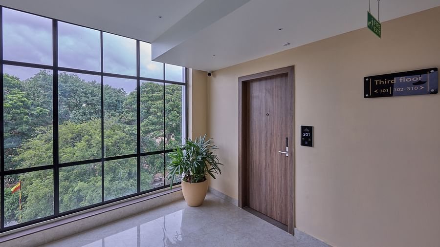 An exterior view of a hotel room beside a glass window through which lush green trees can be seen