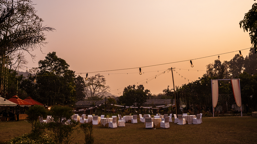 A lavish wedding setup at dusk at The Sylvan Retreat, Dehradun.
