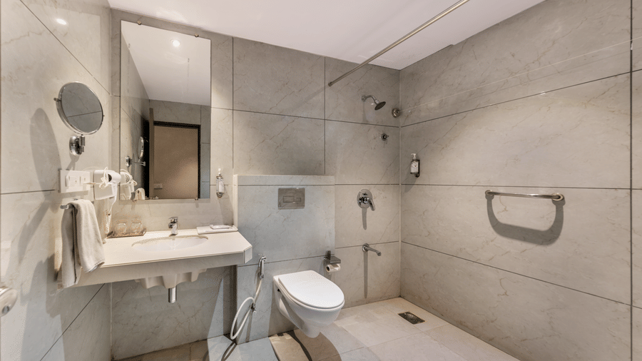  modern Lords Eco Inn bathroom with a sink, toilet, and shower