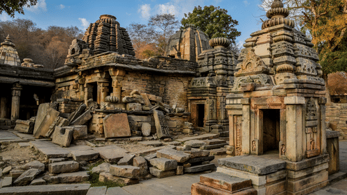 Old temples in Gwalior during the day with blue sky in the background