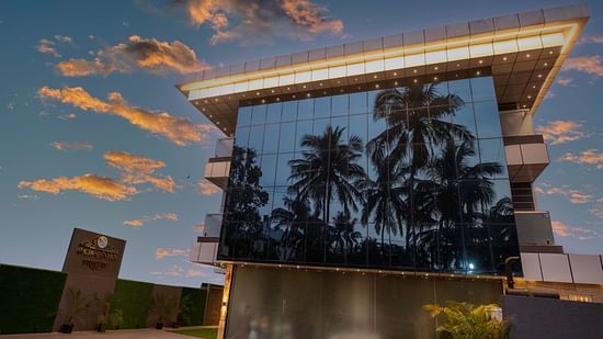 exterior of the Clarks property in Calangute in the decked with warm lighting