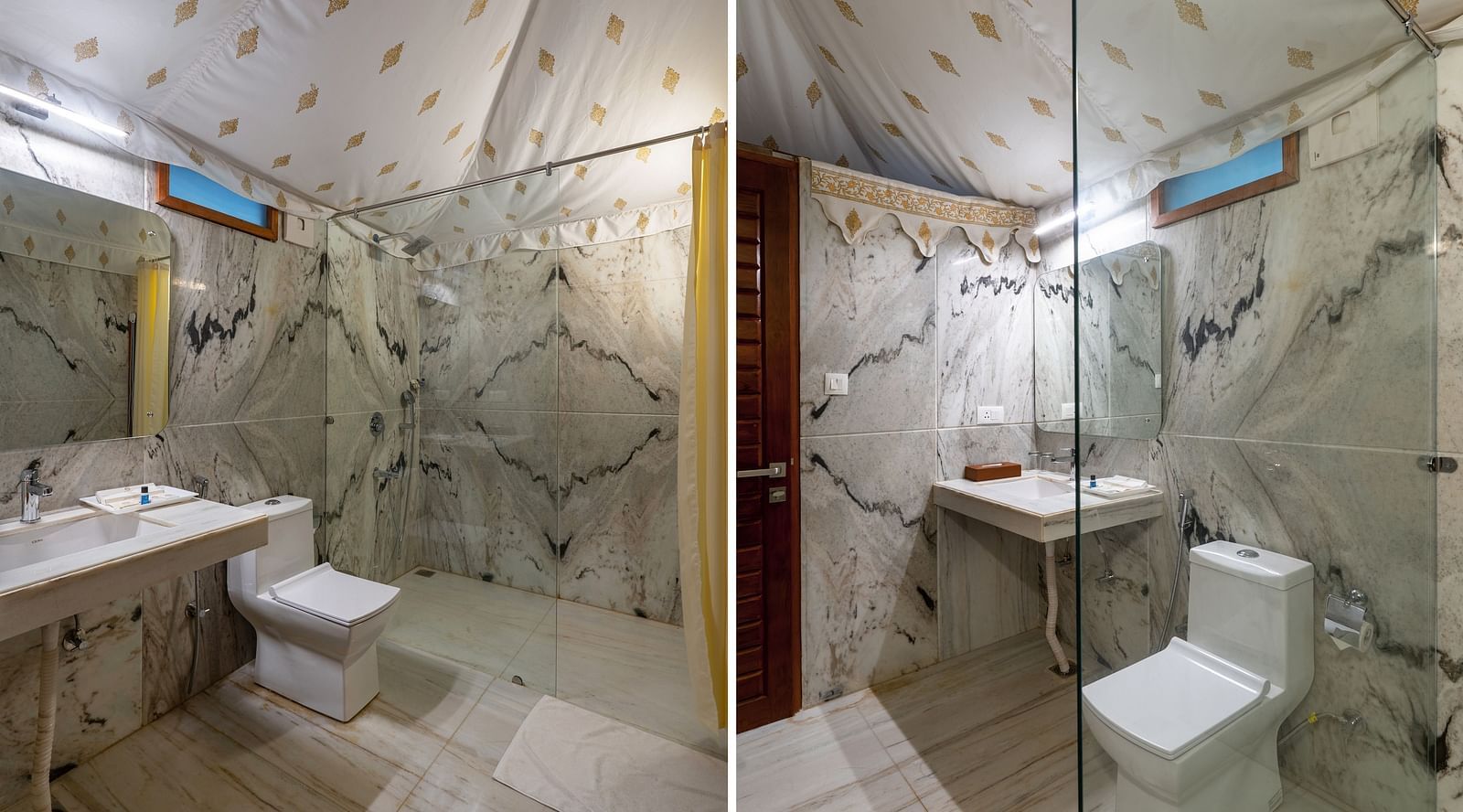 a collage of the bathroom images featuring a commode and a shower with glass partition