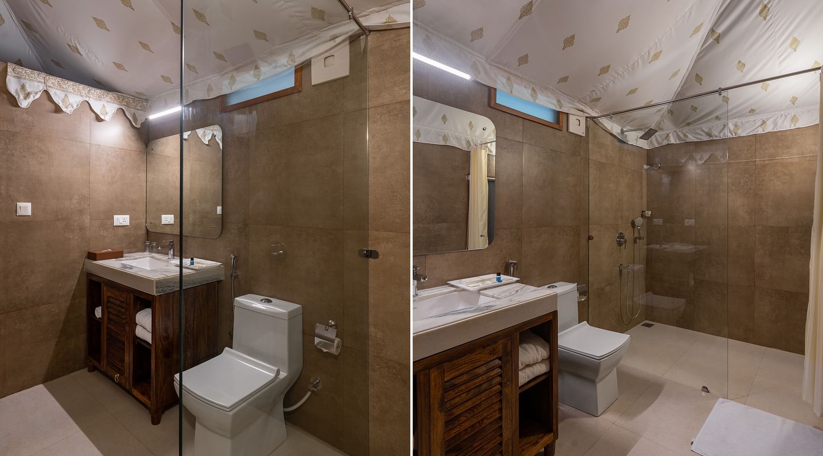 image of the well appointed bathroom with modern fixtures at the luxury tent villa at aranya vilas