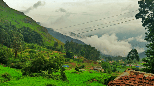 An overview of the city of Ooty with mist covering the mountains as seen from a hill.