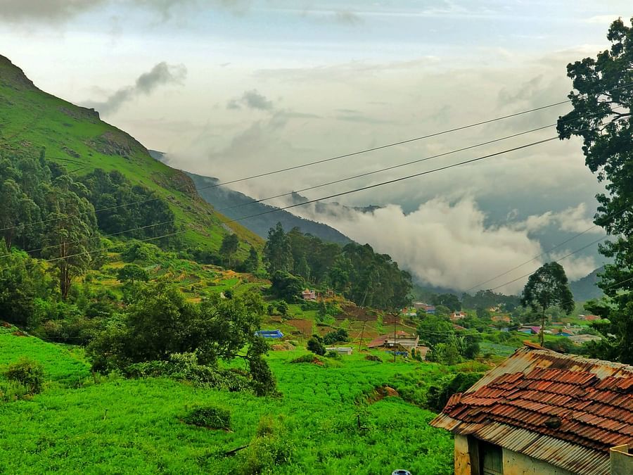 An overview of a mountain with a hut surrounded by greenery.