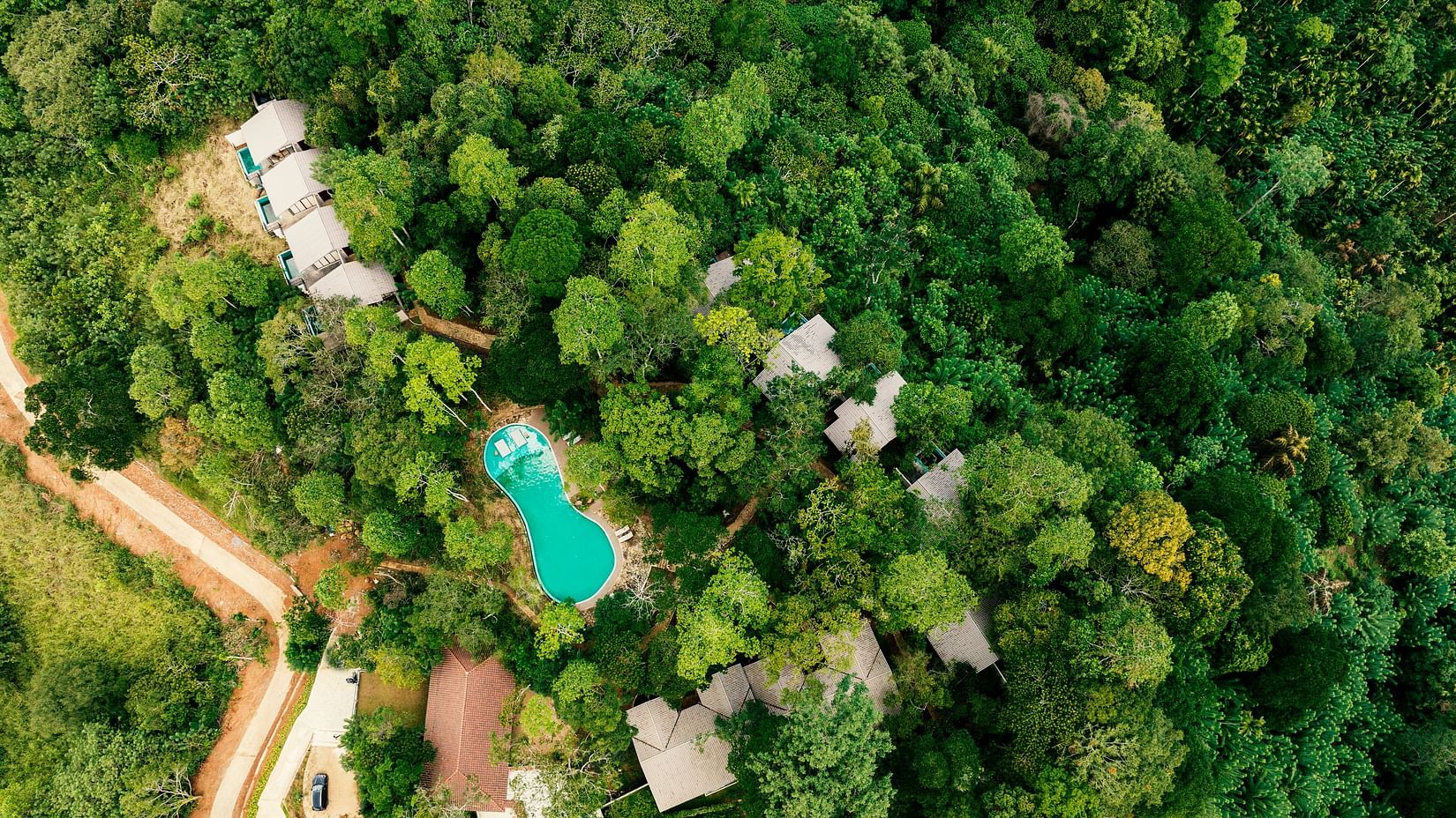 An overhead shot of our villas and pools cuddled by trees | Celestial Hills - Villas & Suites in Kandy
