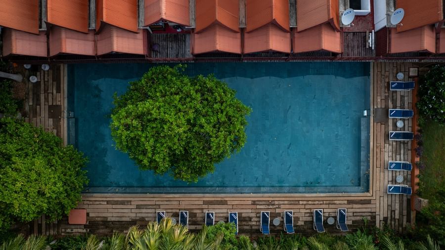 Top view of swimming pool at the resort.
