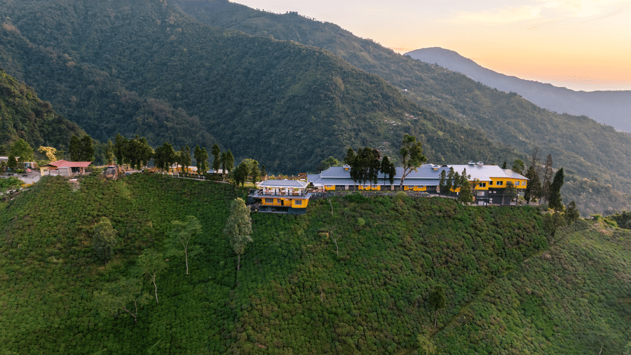 Aerial view of lush hills surrounding the resort grounds at Mayfair Manor, Jungpana.