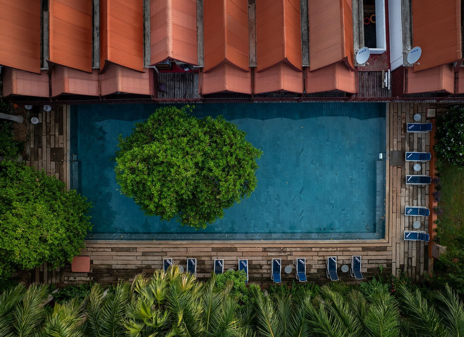 Top view of swimming pool at the resort.