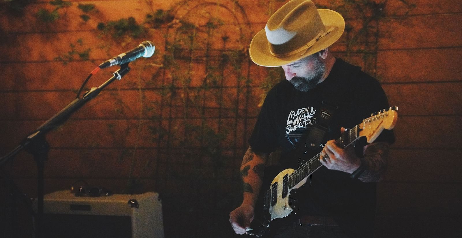A close up shot of a singer performing on the stage with a guitar - The Groveland Hotel.