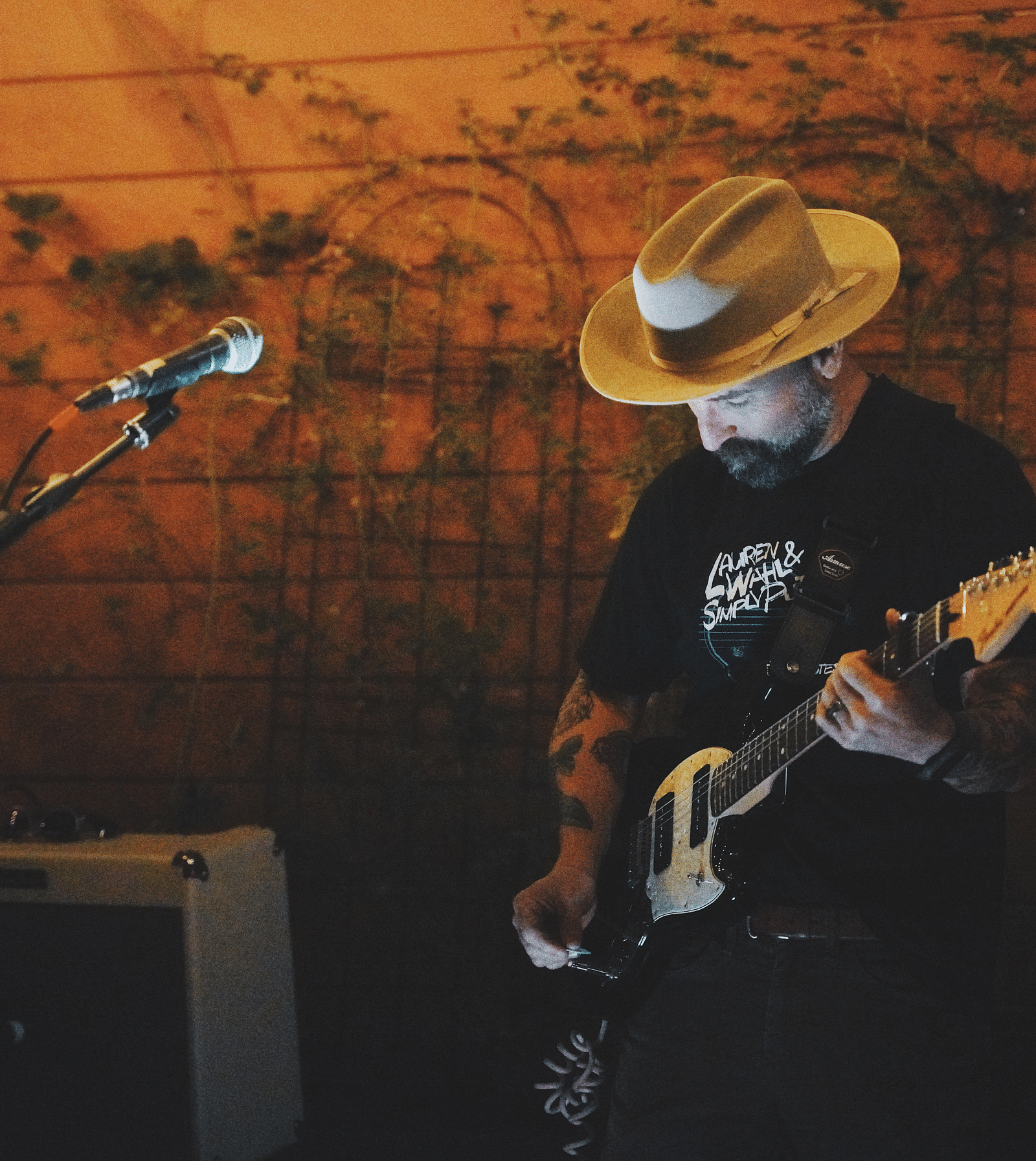 A close up shot of a singer performing on the stage with a guitar - The Groveland Hotel.