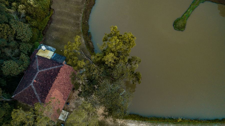 Aerial view of the lake with a building next to it at The Lakeside, Capitol Village Resort, Madikeri