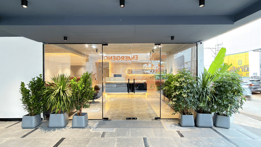 Modern Kyzen hotel entrance with glass doors, lush potted plants, warm-lit reception area, and a spacious stone-paved driveway.