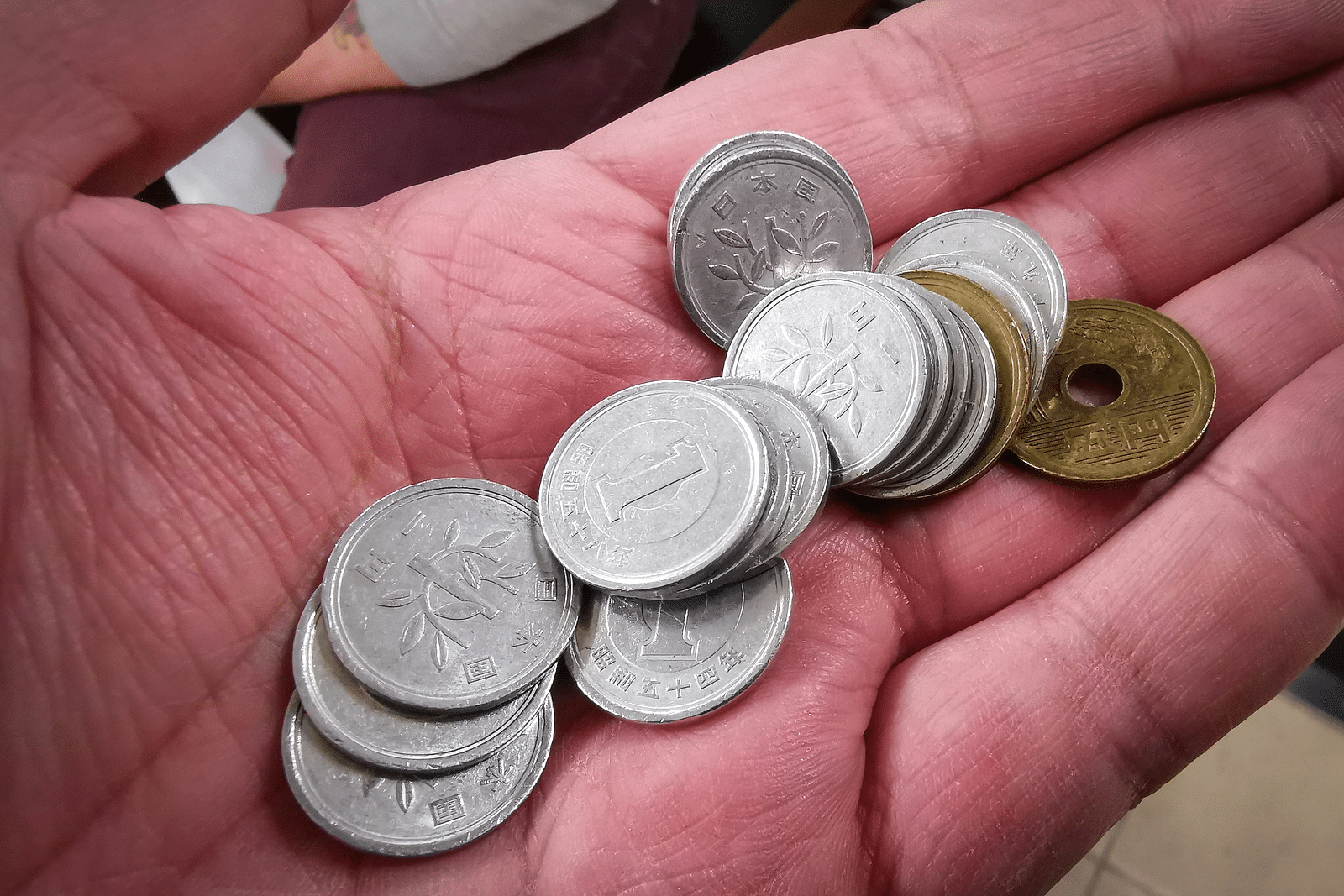 A close up shot of a person's palm having numerous coins.