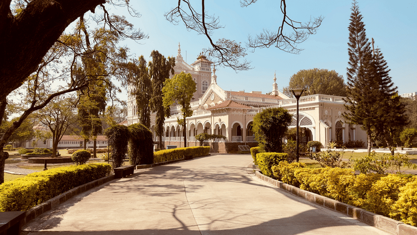 A pathway lined with grass, trees, and a white building at the end, with shadows cast on the ground.