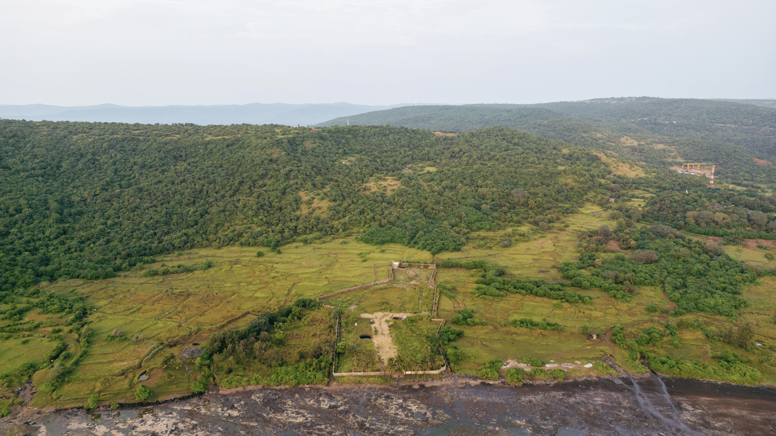 Aerial view of mixed fields and forest areas meeting a rocky shoreline, with the sea on the lower side and land toward the horizon.