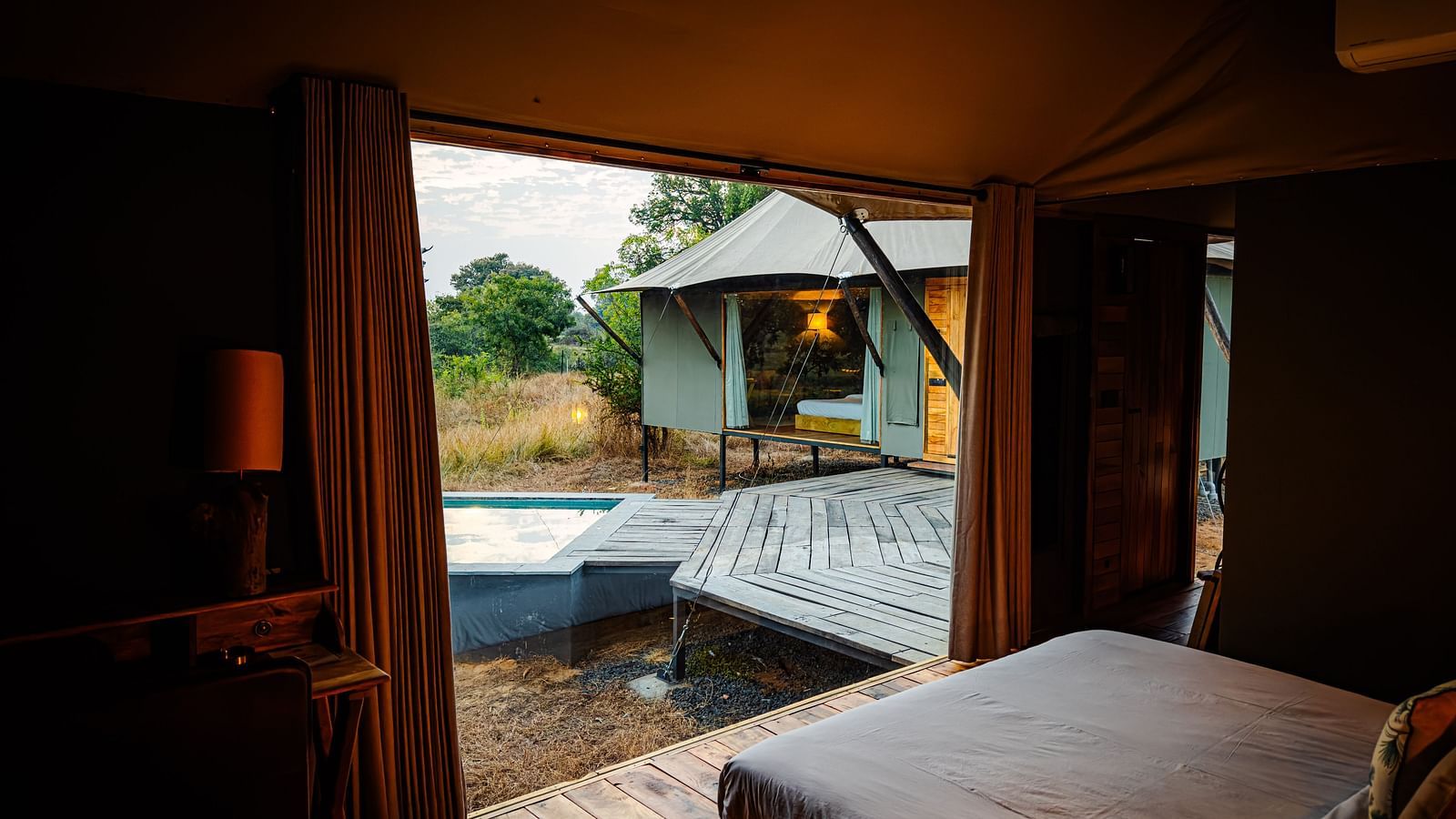 The interior of twin tent at Trees N Tigers, Tadoba.