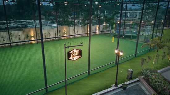 A well-maintained, enclosed cricket practice ground with artificial turf, netted fencing, and overhead lighting, surrounded by landscaped greenery and decorative lamp posts.
