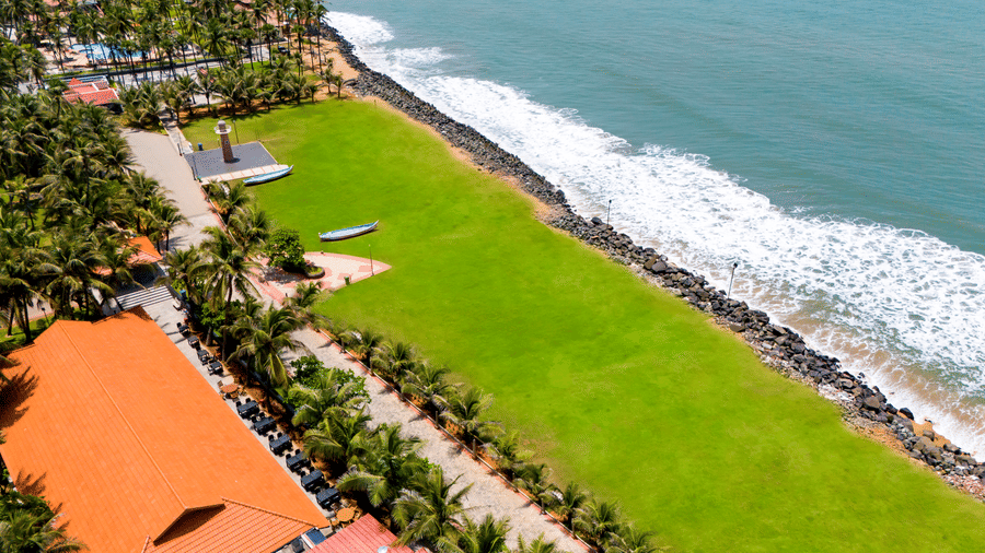 Scenic beachfront at MGM Hotels & Resorts, with the several trees and a pathway of grass to walk by.