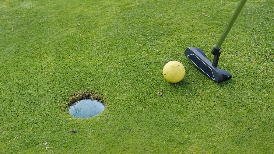Image of a golf course with grass, bat and a golf ball 